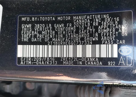 2016 Toyota Corolla Le from USA, damaged, VIN 2T1BURHE6GC737334